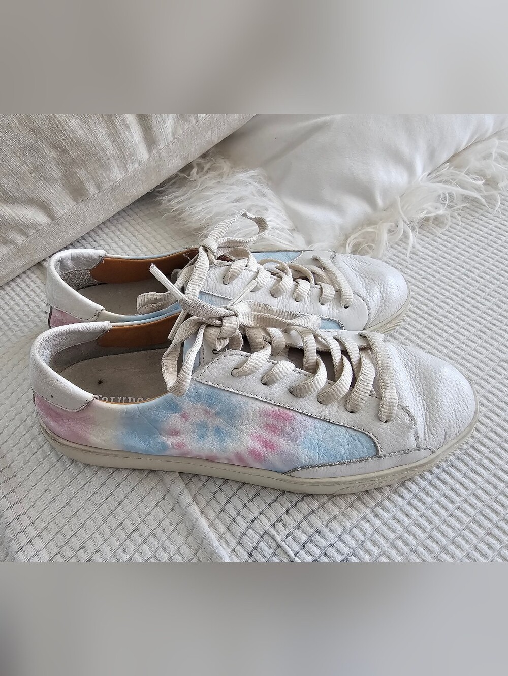Soludos White Leather Sneakers with Pink & Light Blue Tie-Dye Accents